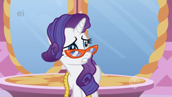 Size: 1280x720 | Tagged: safe, screencap, character:rarity, species:pony, species:unicorn, episode:suited for success, g4, my little pony: friendship is magic, ei, female, glasses, hub logo, mare, measuring tape, solo