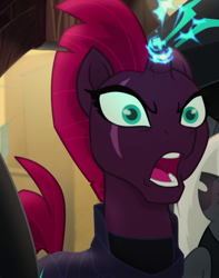 Size: 632x803 | Tagged: safe, screencap, character:tempest shadow, species:pony, species:unicorn, my little pony: the movie (2017), angry, armor, broken horn, cropped, eye scar, female, glowing horn, horn, mare, open mouth, scar, sparking horn