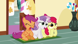 Size: 640x360 | Tagged: safe, screencap, character:apple bloom, character:scootaloo, character:sweetie belle, species:earth pony, species:pegasus, species:pony, species:unicorn, episode:the cutie mark chronicles, g4, my little pony: friendship is magic, awww, cute, cutie mark crusaders, dawwww, disgusted, eww, ewww!!!, female, filly, tongue out, varying degrees of want