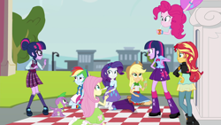 Size: 1920x1080 | Tagged: safe, screencap, character:applejack, character:fluttershy, character:pinkie pie, character:rainbow dash, character:rarity, character:spike, character:spike (dog), character:sunset shimmer, character:twilight sparkle, character:twilight sparkle (alicorn), character:twilight sparkle (scitwi), species:dog, species:eqg human, equestria girls:friendship games, g4, my little pony:equestria girls, balloon, boots, clothing, cowboy hat, denim skirt, duality, easter egg, hat, high heel boots, humane five, humane seven, humane six, jacket, jewelry, juice, juice box, leather jacket, leg warmers, mane six, paradox, pleated skirt, self paradox, shoes, skinny, skirt, socks, stetson, twolight