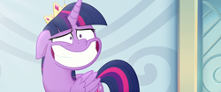 Size: 1920x804 | Tagged: safe, screencap, character:twilight sparkle, character:twilight sparkle (alicorn), species:alicorn, species:pony, my little pony: the movie (2017), awkward smile, big grin, canterlot castle, crown, eye twitch, faec, fake smile, forced smile, grin, horn, impossibly large smile, jewelry, majestic as fuck, nervous, nervous grin, regalia, smiling, solo, wings