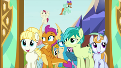 Size: 1920x1080 | Tagged: safe, screencap, character:berry blend, character:berry bliss, character:gallus, character:ocellus, character:peppermint goldylinks, character:sandbar, character:smolder, character:sugar maple, character:summer breeze, character:summer meadow, character:yona, species:dragon, species:earth pony, species:griffon, species:pegasus, species:pony, species:unicorn, episode:school daze, g4, my little pony: friendship is magic, background pony, bow, brat, crossed arms, cutie mark, dragoness, excited, female, flying, friendship student, hair bow, hair bun, horns, male, mare, raised eyebrow, school of friendship, smolder is not amused, stallion, teenaged dragon, teenager, unimpressed, wings, young mare