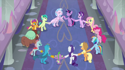 Size: 1920x1080 | Tagged: safe, screencap, character:applejack, character:fluttershy, character:gallus, character:ocellus, character:pinkie pie, character:rainbow dash, character:rarity, character:sandbar, character:silverstream, character:smolder, character:spike, character:starlight glimmer, character:twilight sparkle, character:twilight sparkle (alicorn), character:twilight sparkle (unicorn), character:yona, species:alicorn, species:changeling, species:classical hippogriff, species:dragon, species:earth pony, species:griffon, species:hippogriff, species:pegasus, species:pony, species:reformed changeling, species:unicorn, species:yak, episode:school daze, g4, my little pony: friendship is magic, season 8, animation error, applejack's hat, bipedal, clothing, cowboy hat, discovery family logo, error, feathered fetlocks, female, friendship always wins, hat, holding hooves, jewelry, male, mane seven, mane six, missing wing, necklace, school of friendship, somehow a unicorn again, student six, wing hands, wingless, wings