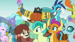 Size: 1920x1080 | Tagged: safe, screencap, character:gallus, character:ocellus, character:prince rutherford, character:princess ember, character:sandbar, character:seaspray, character:silverstream, character:smolder, character:thorax, character:yona, species:changeling, species:classical hippogriff, species:dragon, species:earth pony, species:griffon, species:hippogriff, species:pony, species:reformed changeling, species:yak, episode:school daze, g4, my little pony: friendship is magic, cutie mark, female, friendship always wins, jewelry, male, necklace, student six