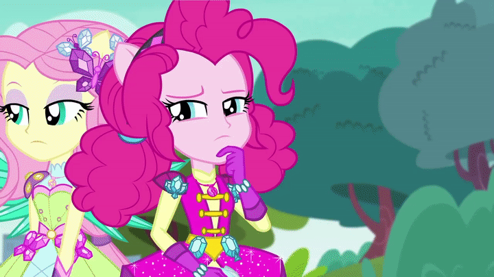 Size: 720x404 | Tagged: safe, screencap, character:fluttershy, character:pinkie pie, episode:super squad goals, g4, my little pony:equestria girls, !!, animated, bush, canterlot city, crystal guardian, crystal wings, exclamation point, geode of sugar bombs, gif, ponied up, popping, searching