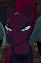 Size: 529x803 | Tagged: safe, screencap, character:tempest shadow, species:pony, my little pony: the movie (2017), airship, armor, broken horn, cargo, counting, cracked horn, cropped, eye scar, female, horn, impatient, lidded eyes, mare, mohawk, narrowed eyes, scar, solo focus, threat