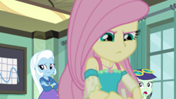 Size: 1280x720 | Tagged: safe, screencap, character:blueberry cake, character:fluttershy, character:trixie, episode:a little birdie told me, g4, my little pony:equestria girls, background human, blueberry cake, female, geode of fauna, magical geodes