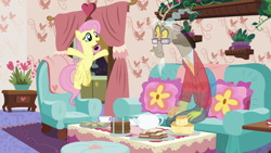 Size: 1280x720 | Tagged: safe, screencap, character:discord, character:fluttershy, species:pony, episode:discordant harmony, g4, my little pony: friendship is magic, clothing, couch, cup, flying, food, glasses, milk toast, sandwich, scone, sweater, tea set, teacup, teapot, transparent