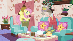 Size: 1280x720 | Tagged: safe, screencap, character:discord, character:fluttershy, species:pony, episode:discordant harmony, g4, my little pony: friendship is magic, clothing, couch, cup, flying, food, glasses, milk toast, sandwich, scone, sweater, tea set, teacup, teapot, transparent