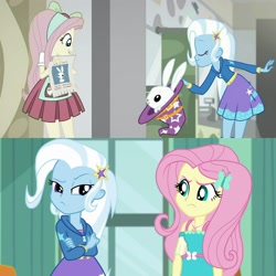 Size: 2048x2048 | Tagged: safe, screencap, character:fluttershy, character:trixie, episode:a little birdie told me, episode:good vibes, eqg summertime shorts, g4, my little pony:equestria girls, clothing, comparison, geode of fauna, hoodie, magical geodes