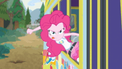 Size: 1920x1080 | Tagged: safe, screencap, character:pinkie pie, character:rainbow dash, episode:road trippin', g4, my little pony:equestria girls, >:), >:d, >:p, animated, bus, cute, geode of sugar bombs, good trick, grenade, smiling, smirk, solo, sound, spinning, throwing, tongue out, webm