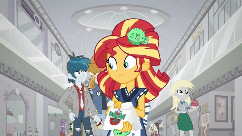 Size: 800x450 | Tagged: safe, screencap, character:bright idea, character:derpy hooves, character:flash sentry, character:starlight, character:sunset shimmer, character:velvet sky, episode:good vibes, eqg summertime shorts, g4, my little pony:equestria girls, animated, bright idea, cute, diasentres, female, food, fountain, gif, golden hazel, japanese, male, rose heart, shipping fuel, starlight, sunset sushi, sushi, sweet leaf, thunderbass, valhallen, velvet sky, water