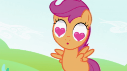 Size: 1920x1080 | Tagged: safe, screencap, character:apple bloom, character:scootaloo, character:sweetie belle, species:earth pony, species:pegasus, species:pony, species:unicorn, episode:lesson zero, g4, my little pony: friendship is magic, animated, cutie mark crusaders, female, filly, heart eyes, i really like her mane, sound, squeaky belle, want it need it, webm, wingding eyes