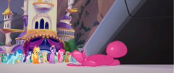 Size: 1366x571 | Tagged: safe, screencap, character:apple honey, character:applejack, character:fluttershy, character:party favor, character:pinkie pie, character:rainbow dash, character:rarity, character:twilight sparkle, character:twilight sparkle (alicorn), species:alicorn, species:earth pony, species:pegasus, species:pony, species:unicorn, my little pony: the movie (2017), apple family member, background pony, balloon, big no, brian (balloon animal), canterlot, canterlot castle, cornsilk, crowd, death of brian the balloon, deflation, female, male, mane six, mare, sad, stage, stallion, this will end in tears, unnamed pony