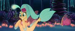 Size: 1920x804 | Tagged: safe, screencap, character:princess skystar, species:seapony (g4), my little pony: the movie (2017), bioluminescent, cute, freckles, grin, happy, skyabetes, smiling, solo, squee