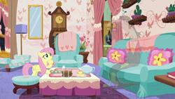 Size: 1280x720 | Tagged: safe, screencap, character:discord, character:fluttershy, species:pony, episode:discordant harmony, g4, my little pony: friendship is magic, clock, clothing, cup, fading, food, glasses, milk toast, mirror, sandwich, scone, sweater, teacup, transparent