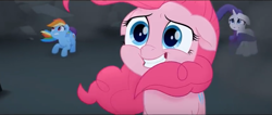 Size: 851x360 | Tagged: safe, screencap, character:pinkie pie, character:rainbow dash, character:rarity, species:earth pony, species:pegasus, species:pony, species:unicorn, my little pony: the movie (2017), crouching, floppy ears, grin, scared, smiling, wind, windswept mane
