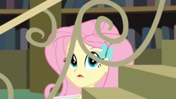 Size: 1920x1080 | Tagged: safe, screencap, character:fluttershy, episode:fluttershy's butterflies, g4, my little pony:equestria girls, cute, frown, looking at you, open mouth, shyabetes, solo, stairs