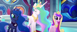 Size: 1920x804 | Tagged: safe, screencap, character:princess cadance, character:princess celestia, character:princess luna, species:alicorn, species:pony, my little pony: the movie (2017), alicorn triarchy, canterlot castle, canterlot throne room, crown, eyes closed, jewelry, regalia, side by side, smiling, stained glass, throne, throne room, trio