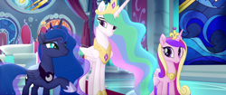 Size: 1920x804 | Tagged: safe, screencap, character:princess cadance, character:princess celestia, character:princess luna, species:alicorn, species:pony, my little pony: the movie (2017), alicorn triarchy, canterlot castle, canterlot throne room, crown, female, jewelry, mare, regalia, royal sisters, smiling, smirk, stained glass, throne, throne room, trio