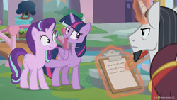 Size: 1600x900 | Tagged: safe, screencap, character:chancellor neighsay, character:starlight glimmer, character:twilight sparkle, character:twilight sparkle (alicorn), species:alicorn, species:pony, species:unicorn, episode:school daze, g4, my little pony: friendship is magic, season 8, clipboard, hoof on shoulder, magic, taking notes, telekinesis