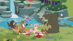 Size: 1600x900 | Tagged: safe, screencap, character:constance, character:fluttershy, character:harry, character:princess luna, species:bird, species:deer, species:duck, species:mallard, species:pegasus, species:pony, episode:fake it 'til you make it, animal, bear, blue jay, buzzard, chipmunk, common loon, doe, female, flamingo, loon, mouse, picnic, squirrel, stag, sweet feather sanctuary, turtle, water, waterfall