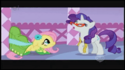 Size: 1280x720 | Tagged: safe, screencap, character:fluttershy, character:rarity, species:pegasus, species:pony, species:unicorn, episode:suited for success, g4, my little pony: friendship is magic, animated, clothing, dress, duo, duo female, female, gala dress, hub logo, mare, no sound, subtitles, text, webm, youtube link