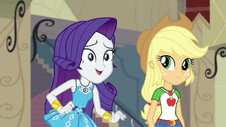 Size: 450x253 | Tagged: safe, screencap, character:applejack, character:rarity, episode:fluttershy's butterflies, g4, my little pony:equestria girls, animated, geode of shielding, geode of super strength, magical geodes