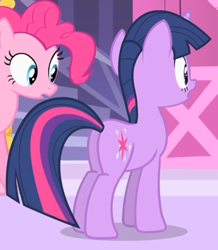 Size: 426x489 | Tagged: safe, screencap, character:pinkie pie, character:twilight sparkle, character:twilight sparkle (unicorn), species:pony, species:unicorn, episode:green isn't your color, g4, my little pony: friendship is magic, cropped, plot, twibutt