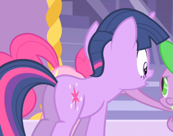 Size: 769x604 | Tagged: safe, screencap, character:pinkie pie, character:spike, character:twilight sparkle, character:twilight sparkle (unicorn), species:pony, species:unicorn, cropped, plot, twibutt