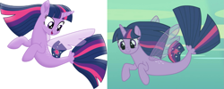 Size: 1473x588 | Tagged: safe, screencap, character:twilight sparkle, character:twilight sparkle (alicorn), species:alicorn, species:pony, species:seapony (g4), episode:surf and/or turf, g4, my little pony: friendship is magic, my little pony: the movie (2017), season 8, comparison, seaponified, seapony twilight, species swap