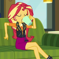 Size: 2048x2048 | Tagged: safe, screencap, character:sunset shimmer, episode:text support, g4, my little pony:equestria girls, cropped, crossed legs, drinking, food, geode of empathy, legs, magical geodes, solo, tea, text support: sunset shimmer