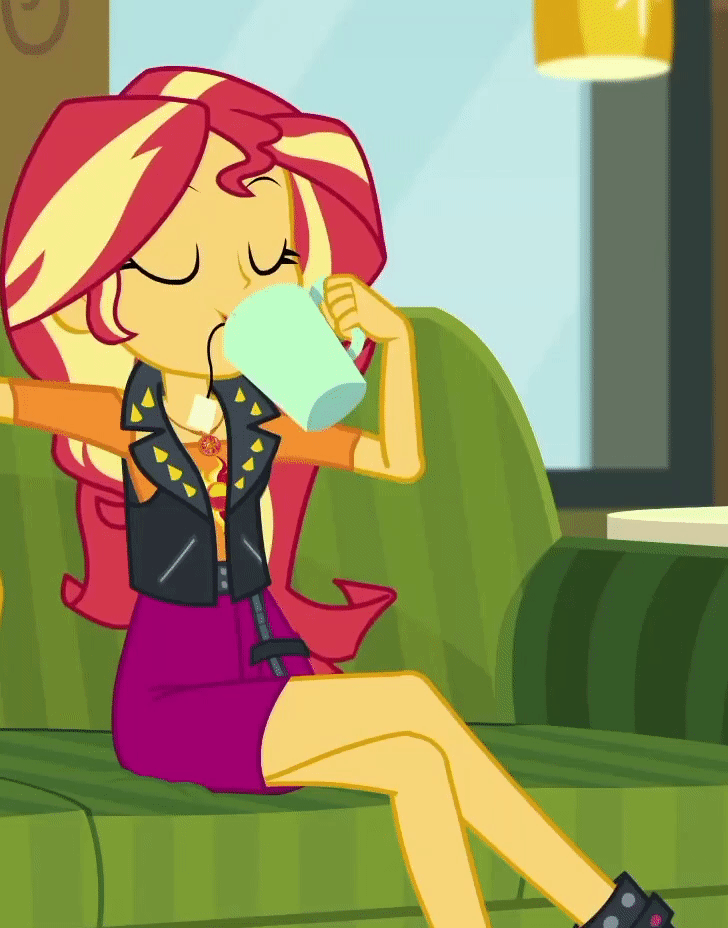 Size: 728x928 | Tagged: safe, screencap, character:sunset shimmer, episode:text support, g4, my little pony:equestria girls, animated, cafe, couch, cropped, crossed legs, drinking, food, geode of empathy, legs, sitting, solo, tea, text support: sunset shimmer