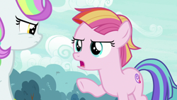 Size: 1280x720 | Tagged: safe, screencap, character:coconut cream, character:toola roola, species:earth pony, species:pony, episode:fame and misfortune, g4, my little pony: friendship is magic, angry, duo, female, filly, pointing, raised hoof