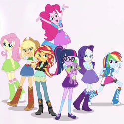 Size: 2048x2048 | Tagged: safe, screencap, character:applejack, character:fluttershy, character:pinkie pie, character:rainbow dash, character:rarity, character:spike, character:spike (dog), character:sunset shimmer, character:twilight sparkle, character:twilight sparkle (scitwi), species:dog, species:eqg human, my little pony:equestria girls, boots, clothing, compression shorts, cowboy boots, cowboy hat, cropped, denim skirt, glasses, hat, humane five, humane seven, humane six, intro, mary janes, pants, ponytail, shoes, skirt, smiling, socks, stetson