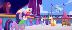 Size: 1920x804 | Tagged: safe, screencap, character:applejack, character:fluttershy, character:rainbow dash, character:rarity, character:spike, character:twilight sparkle, character:twilight sparkle (alicorn), species:alicorn, species:dragon, species:earth pony, species:pegasus, species:pony, species:unicorn, my little pony: the movie (2017), bow, cart, cider, gem, ribbon, tied up