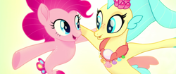 Size: 1920x804 | Tagged: safe, screencap, character:pinkie pie, character:princess skystar, species:pony, species:seapony (g4), my little pony: the movie (2017), duo, happy, jewelry, necklace, one small thing, pearl, seaponified, seapony pinkie pie, seaquestria, seashell, seashell necklace, smiling, species swap