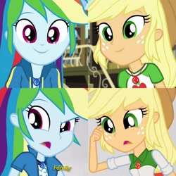 Size: 2048x2048 | Tagged: safe, screencap, character:applejack, character:rainbow dash, episode:fluttershy's butterflies, equestria girls:mirror magic, g4, my little pony:equestria girls, comparison, cute, dashabetes, discovery family logo, geode of super speed, geode of super strength, jackabetes, magical geodes