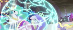 Size: 1920x804 | Tagged: safe, screencap, character:princess cadance, character:princess celestia, character:princess luna, species:alicorn, species:earth pony, species:pony, my little pony: the movie (2017), angry, background pony, canterlot, crown, determined, force field, glowing horn, heart, jewelry, magic, magic aura, magic bubble, plot, regalia, shield, sparkles, storm guard, surprised, unnamed pony