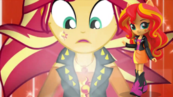 Size: 1967x1106 | Tagged: safe, screencap, character:sunset shimmer, equestria girls:forgotten friendship, g4, my little pony:equestria girls, alternative cutie mark placement, boot, clothing, comparison, cute, doll, equestria girls minis, facial cutie mark, female, geode of empathy, jacket, leather jacket, ponied up, shimmerbetes, skirt, toy
