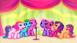 Size: 1280x720 | Tagged: safe, screencap, character:cheerilee (g3), character:pinkie pie, character:pinkie pie (g3), character:rainbow dash, character:rainbow dash (g3), character:scootaloo, character:scootaloo (g3), character:starsong, character:toola roola (g3), species:pegasus, species:pony, episode:starsong's dance & sing party, g3, meet the ponies, core seven, make a new friend every day, microphone, singing, stage