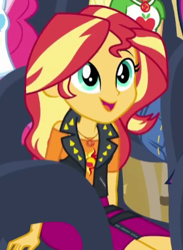 Size: 280x383 | Tagged: safe, screencap, character:applejack, character:pinkie pie, character:sunset shimmer, character:twilight sparkle, character:twilight sparkle (scitwi), species:eqg human, episode:fluttershy's butterflies, g4, my little pony:equestria girls, cropped, cute, female, geode of empathy, geode of super strength, magical geodes, offscreen character, open mouth, shimmerbetes, smiling, solo