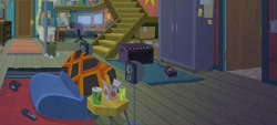 Size: 1920x864 | Tagged: safe, official, screencap, my little pony:equestria girls, amplifier, apartment, background, basketball net, box, chair, computer, controller, couch, house, microwave, no pony, refrigerator, sunset's apartment, trash can