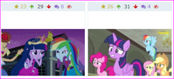 Size: 435x199 | Tagged: safe, screencap, character:applejack, character:fluttershy, character:pinkie pie, character:rainbow dash, character:twilight sparkle, character:twilight sparkle (alicorn), species:alicorn, species:pony, derpibooru, episode:the saddle row review, equestria girls:equestria girls, g4, my little pony: friendship is magic, my little pony:equestria girls, clothing, cropped, juxtaposition, meta