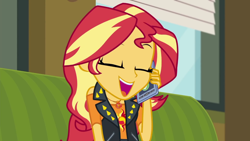 Size: 1280x720 | Tagged: safe, screencap, character:sunset shimmer, episode:text support, g4, my little pony:equestria girls, cellphone, cute, female, geode of empathy, happy, laughing, magical geodes, phone, shimmerbetes, smartphone, solo, text support: sunset shimmer