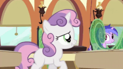 Size: 640x360 | Tagged: safe, screencap, character:sea swirl, character:sweetie belle, species:pony, species:unicorn, episode:just for sidekicks, g4, my little pony: friendship is magic, animated, background pony, cute, diasweetes, female, filly, friendship express, mare, prancing, sound, squeak, squeaky belle, train, webm