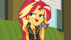 Size: 1280x720 | Tagged: safe, screencap, character:sunset shimmer, episode:text support, g4, my little pony:equestria girls, cellphone, geode of empathy, magical geodes, phone, smartphone, solo, talking, text support: sunset shimmer