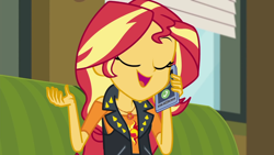 Size: 1280x720 | Tagged: safe, screencap, character:sunset shimmer, episode:text support, g4, my little pony:equestria girls, cellphone, geode of empathy, magical geodes, phone, smartphone, smiling, solo, talking, text support: sunset shimmer