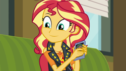 Size: 1280x720 | Tagged: safe, screencap, character:sunset shimmer, episode:text support, g4, my little pony:equestria girls, cute, geode of empathy, magical geodes, shimmerbetes, smiling, solo, text support: sunset shimmer