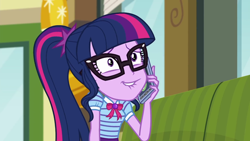 Size: 1280x720 | Tagged: safe, screencap, character:twilight sparkle, character:twilight sparkle (scitwi), species:eqg human, episode:text support, g4, my little pony:equestria girls, geode of telekinesis, lip bite, magical geodes, solo